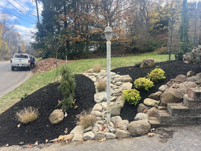 Arrowwood Landscaping Chautauqua County Rare tree planting Dry creek Hardscaping Mulch bed Design